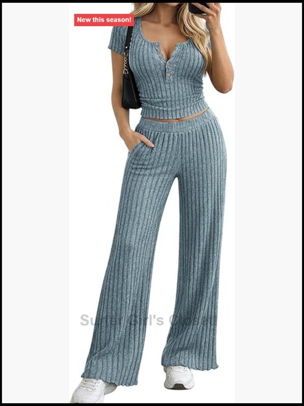 Matching Lounge Set 2 Piece Short Sleeve Henley Crop Top & Wide Leg Pant
